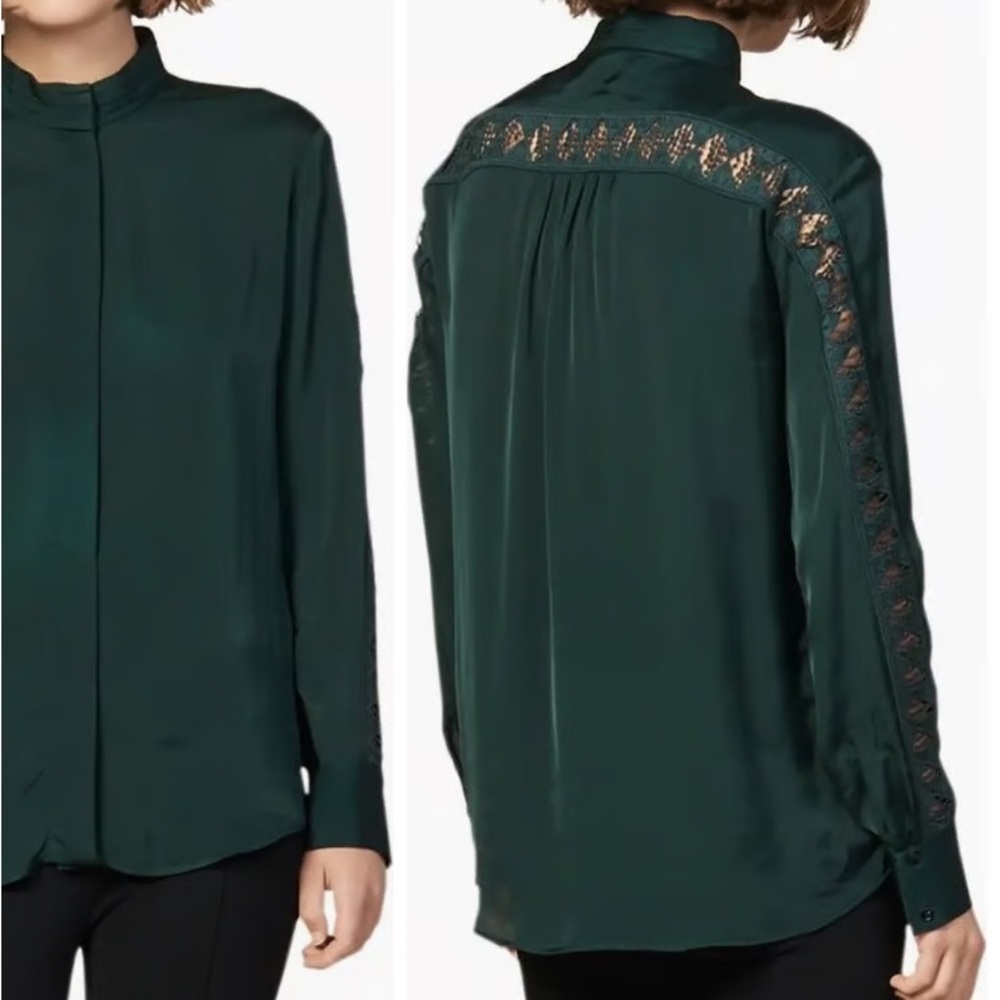 Sandro Green Button Down Shirt with Mandarin Collar satin